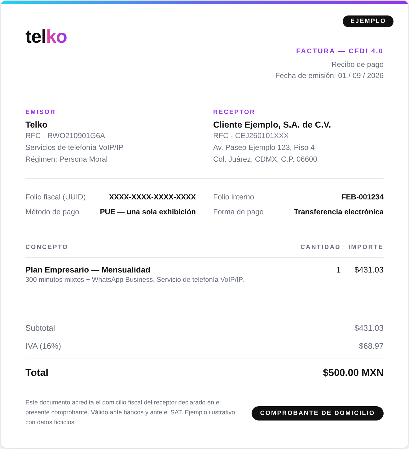 Ejemplo de factura CFDI 4.0 de Telko que funciona como comprobante de domicilio, con datos ficticios